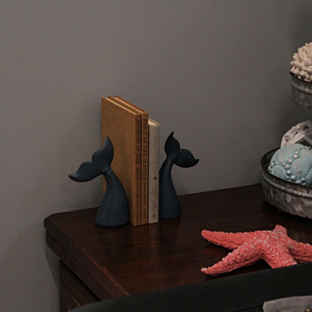 Set of 2 Blue Cast Iron Whale Tail Bookend Bookshelf Sculpture